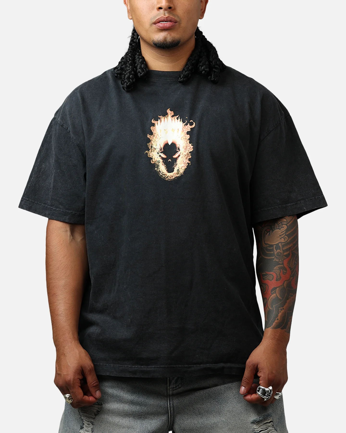 73Studio Marvel Ghost Rider Fire Vintage T-Shirt Black Acidwash - Image 2