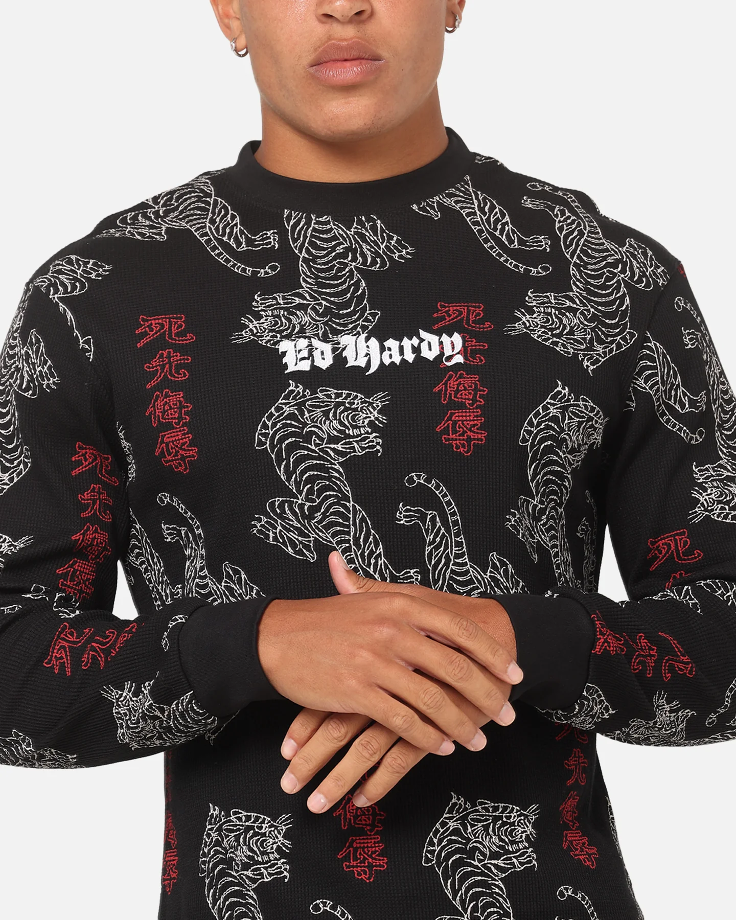 Ed Hardy Tiger Waffle Long Sleeve T-Shirt Black - Image 6