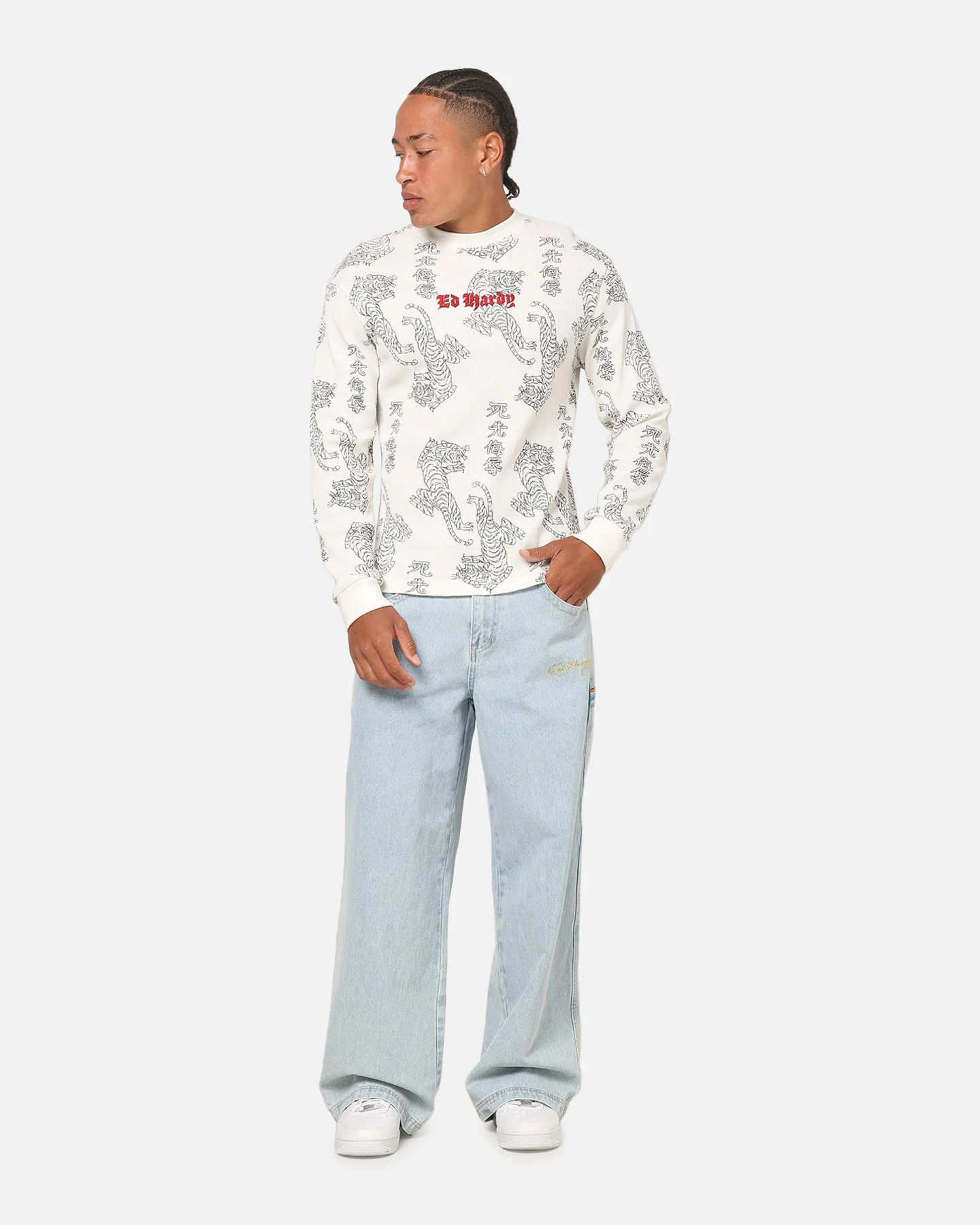 Ed Hardy Tiger Waffle Long Sleeve T-Shirt Off White - Image 3