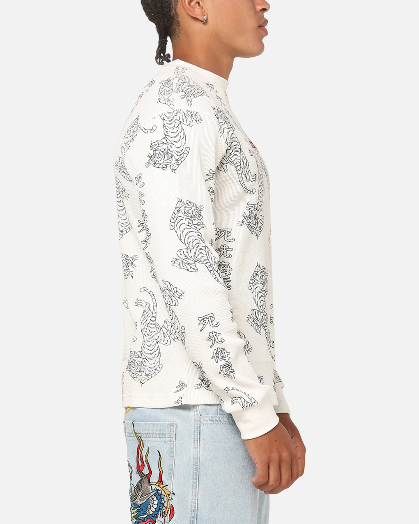 Ed Hardy Tiger Waffle Long Sleeve T-Shirt Off White - Image 5