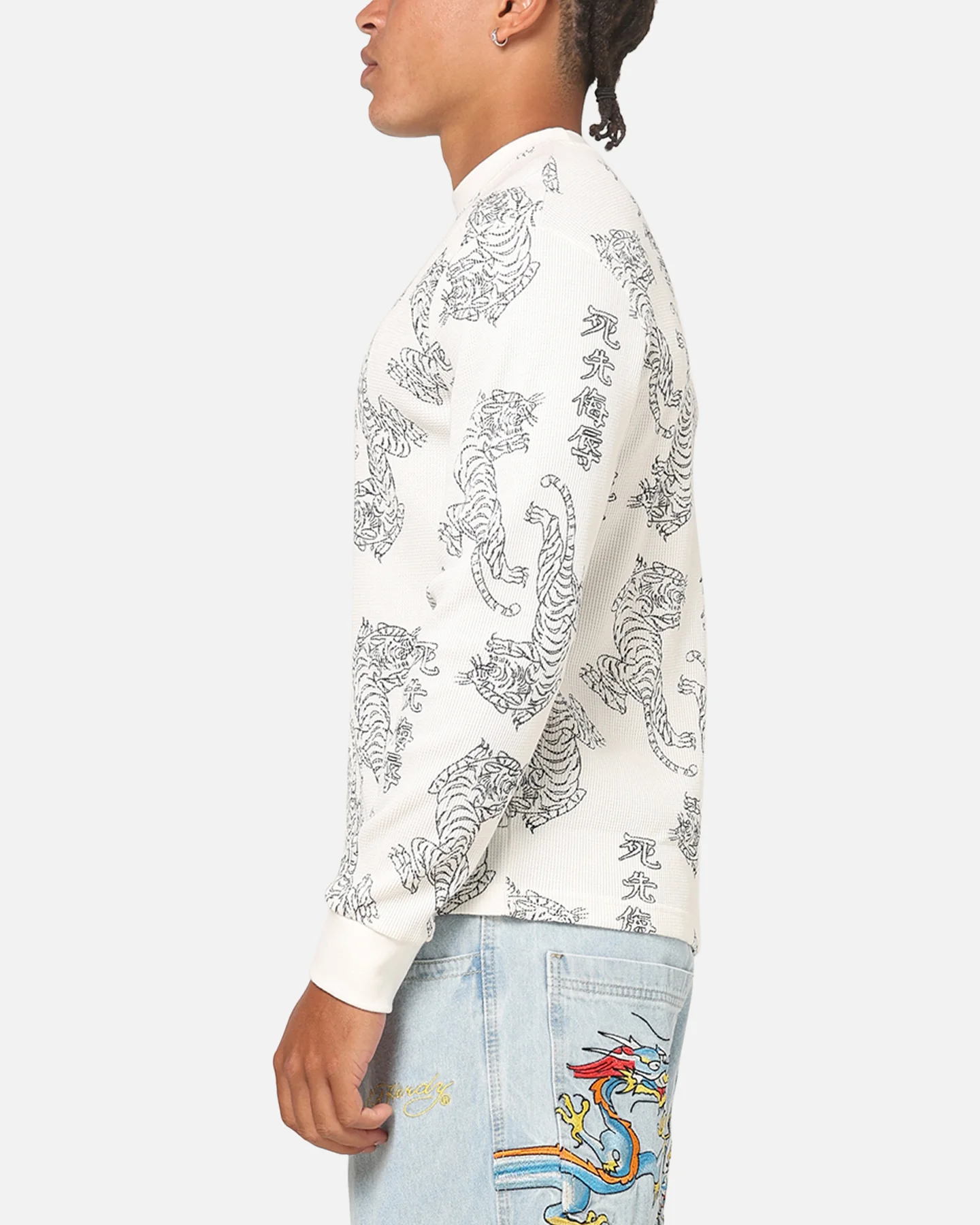 Ed Hardy Tiger Waffle Long Sleeve T-Shirt Off White - Image 6