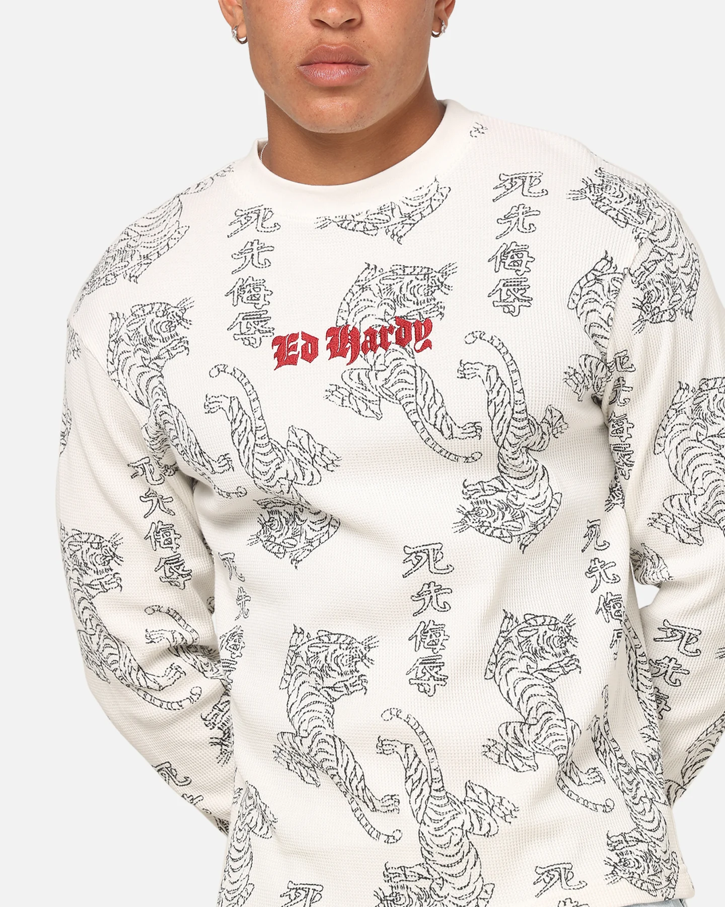 Ed Hardy Tiger Waffle Long Sleeve T-Shirt Off White - Image 7