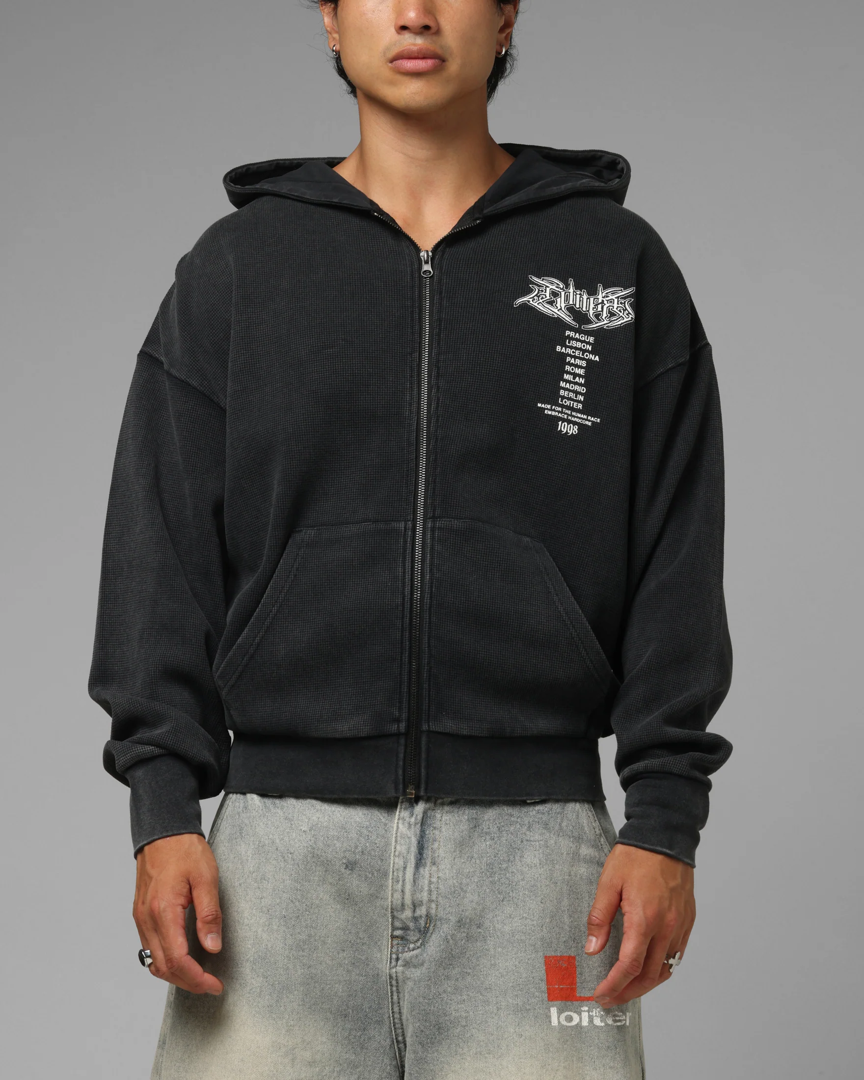 Loiter Waffle Zip Hoodie Black - Image 2