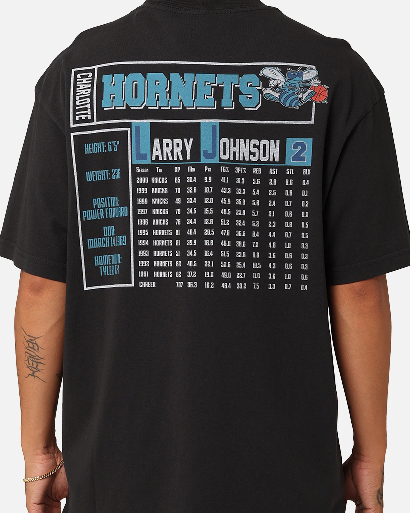 Mitchell & Ness Charlotte Hornets Larry Johnson Player & Stats T-Shirt Black - Image 5