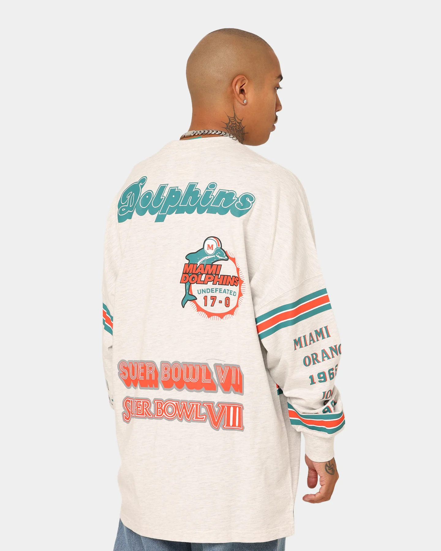 Mitchell & Ness Miami Dolphins 17-0 Long Sleeve T-Shirt White Marle - Image 2