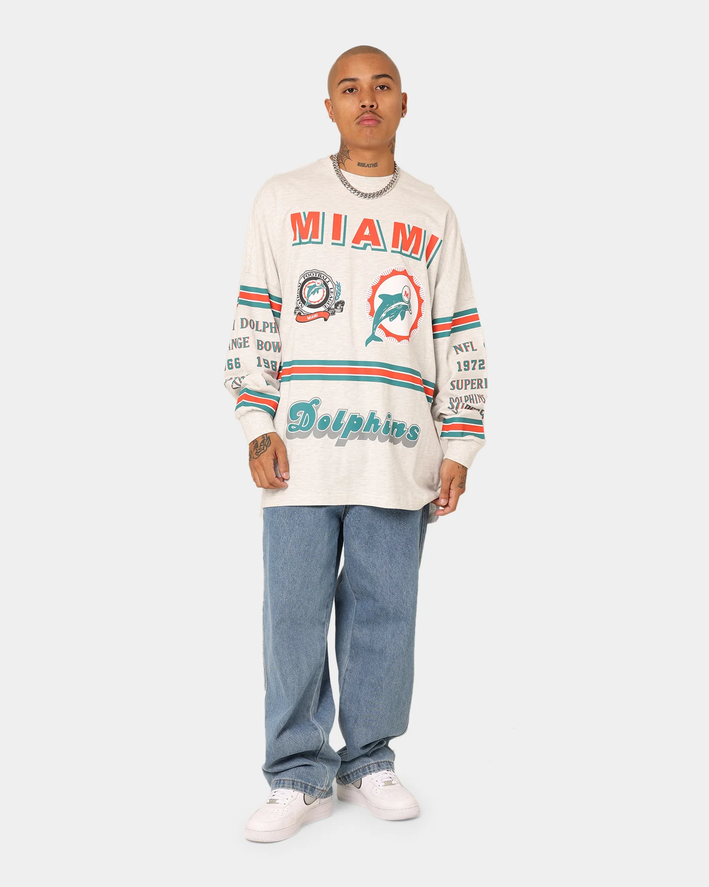 Mitchell & Ness Miami Dolphins 17-0 Long Sleeve T-Shirt White Marle - Image 3