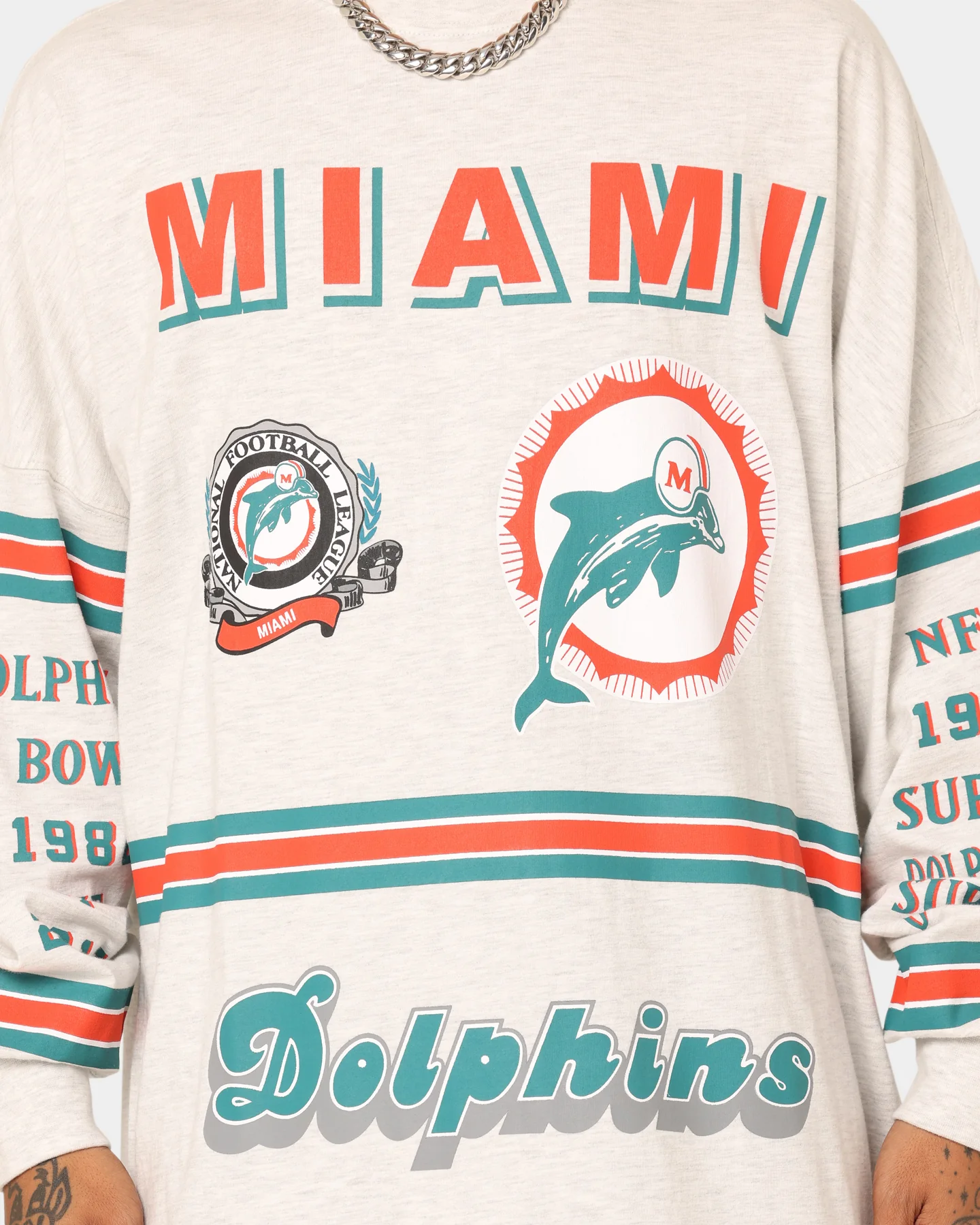 Mitchell & Ness Miami Dolphins 17-0 Long Sleeve T-Shirt White Marle - Image 4