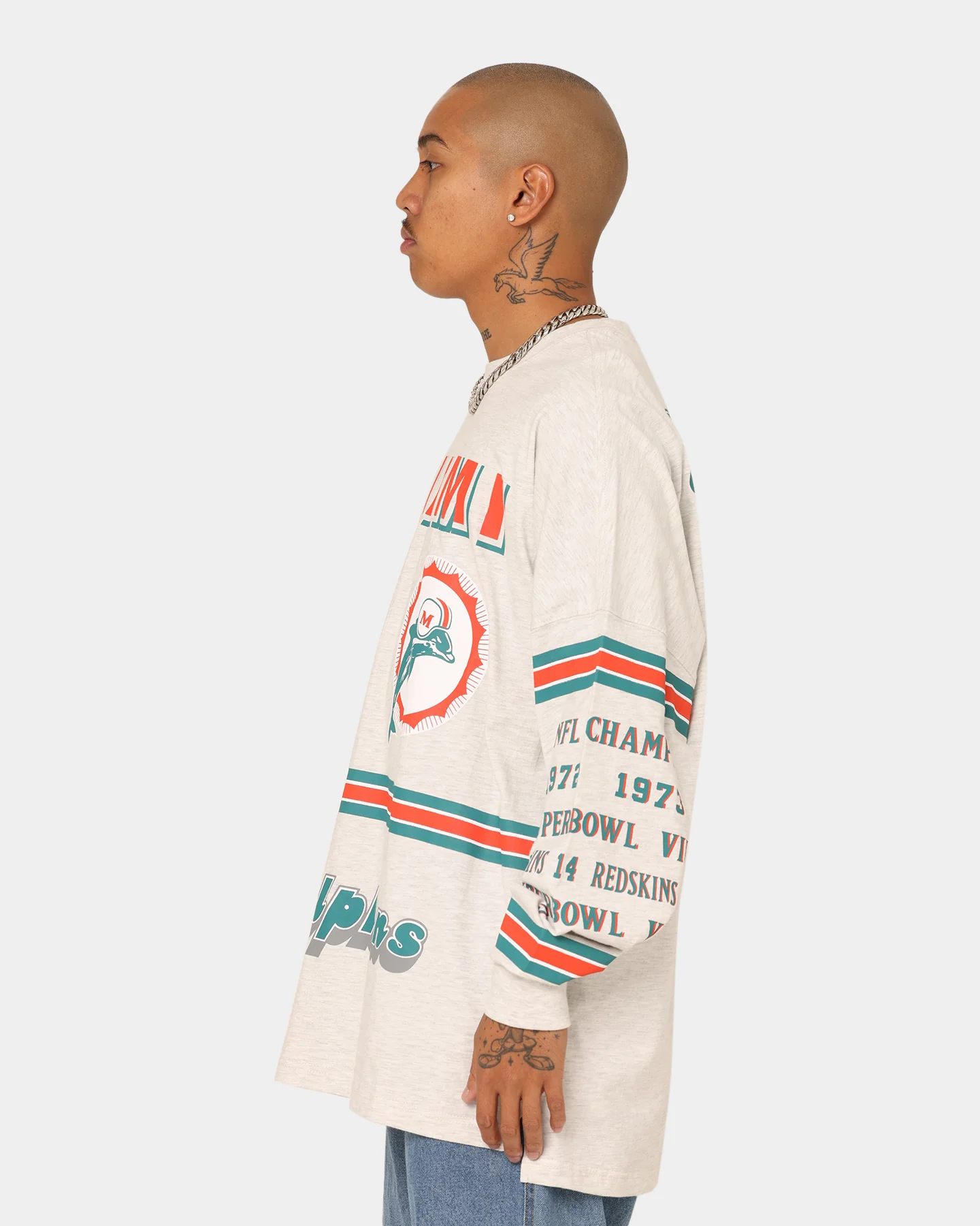 Mitchell & Ness Miami Dolphins 17-0 Long Sleeve T-Shirt White Marle - Image 6