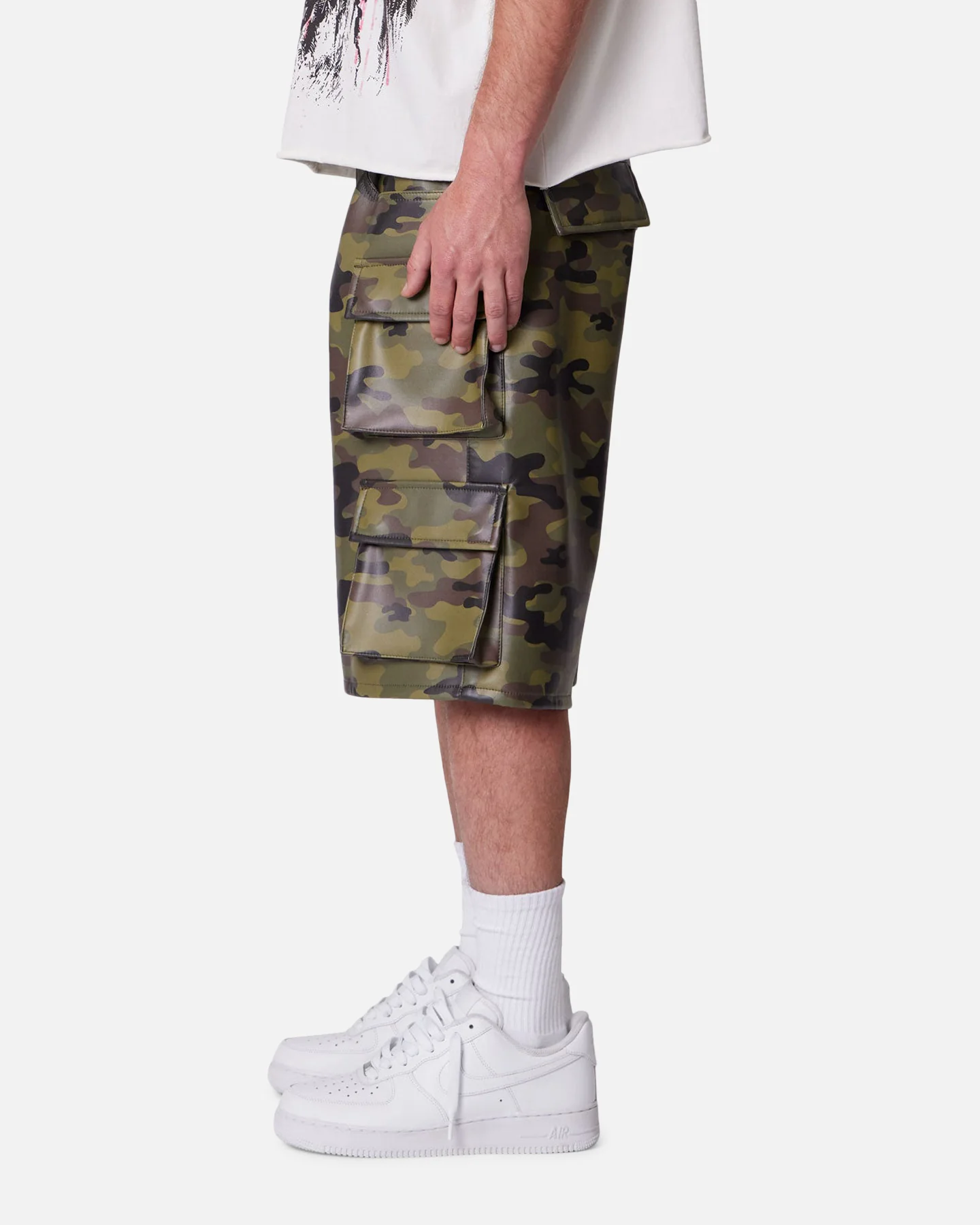 MNML Baggy Vegan Leather Cargo Shorts Camo - Image 2