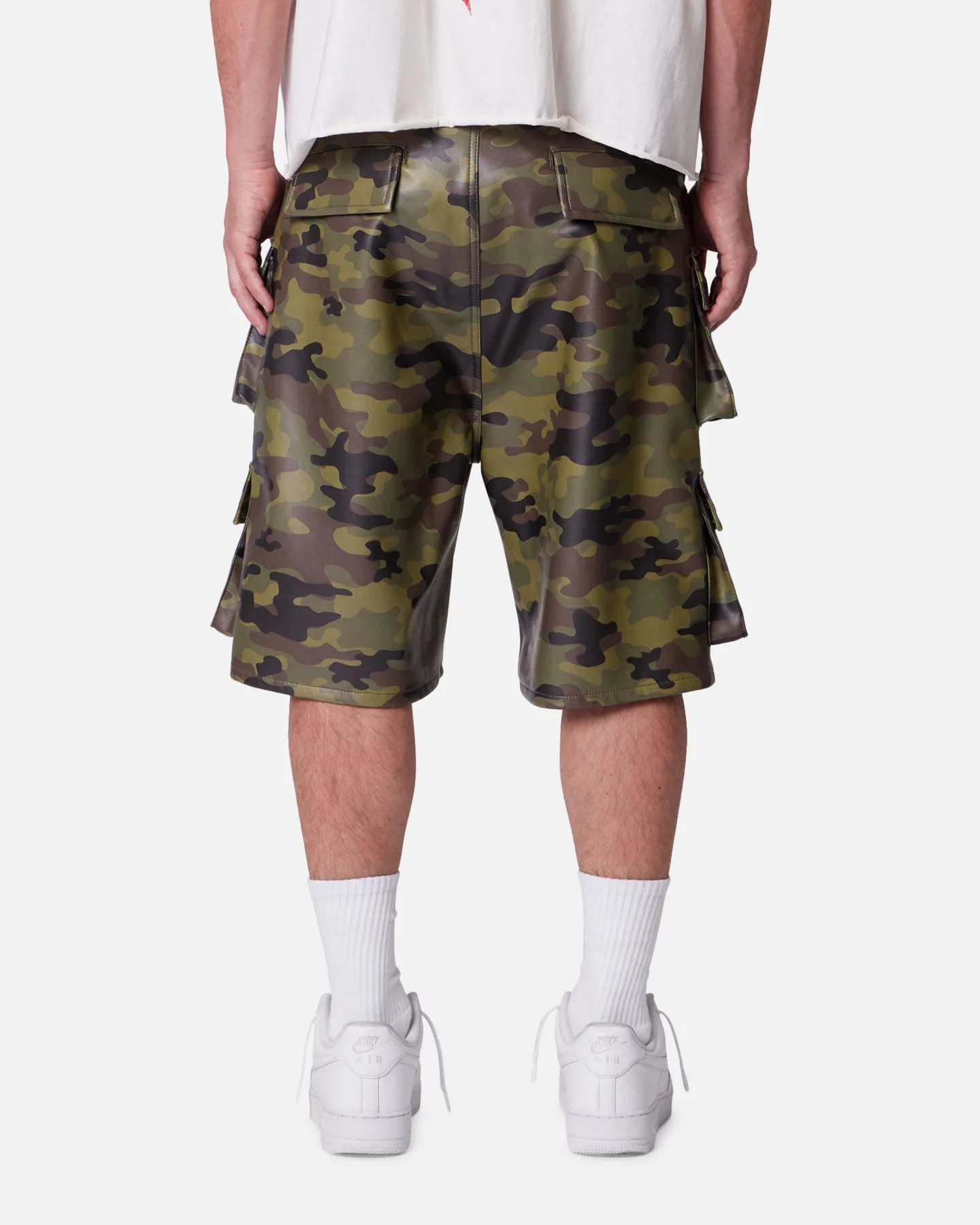 MNML Baggy Vegan Leather Cargo Shorts Camo - Image 3