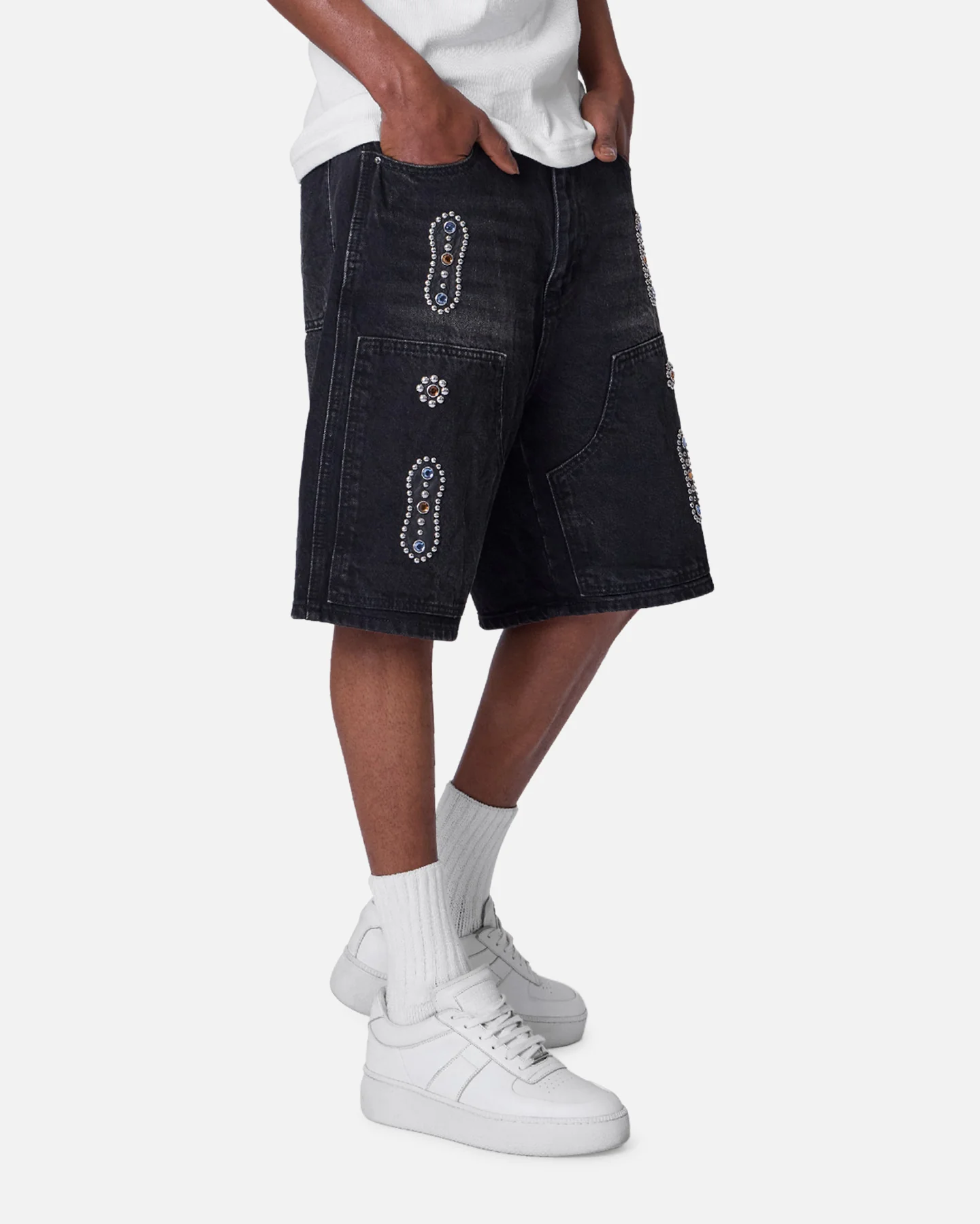 MNML Double Western Jewel Denim Shorts Washed Black - Image 5