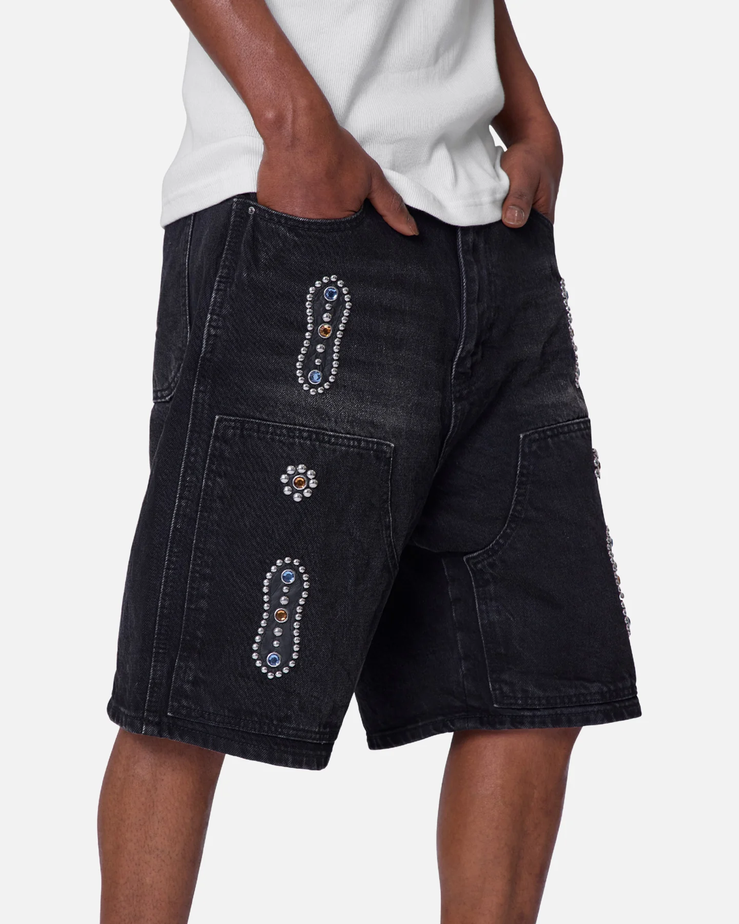 MNML Double Western Jewel Denim Shorts Washed Black - Image 6
