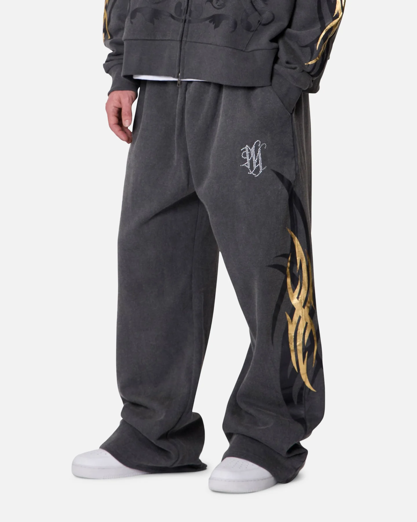 MNML Gold Foil Tribal Sweatpants Washed Black - Image 2