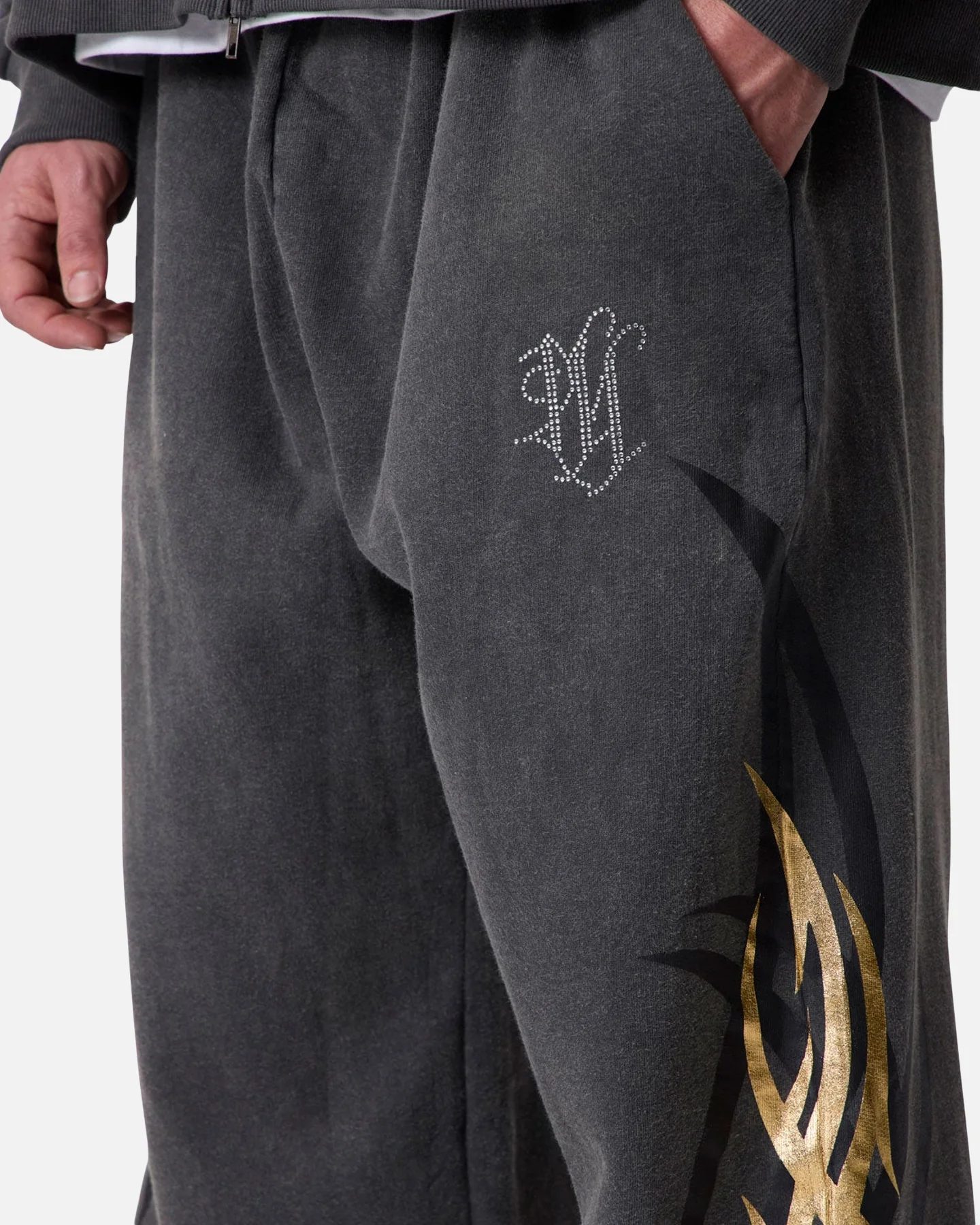 MNML Gold Foil Tribal Sweatpants Washed Black - Image 6