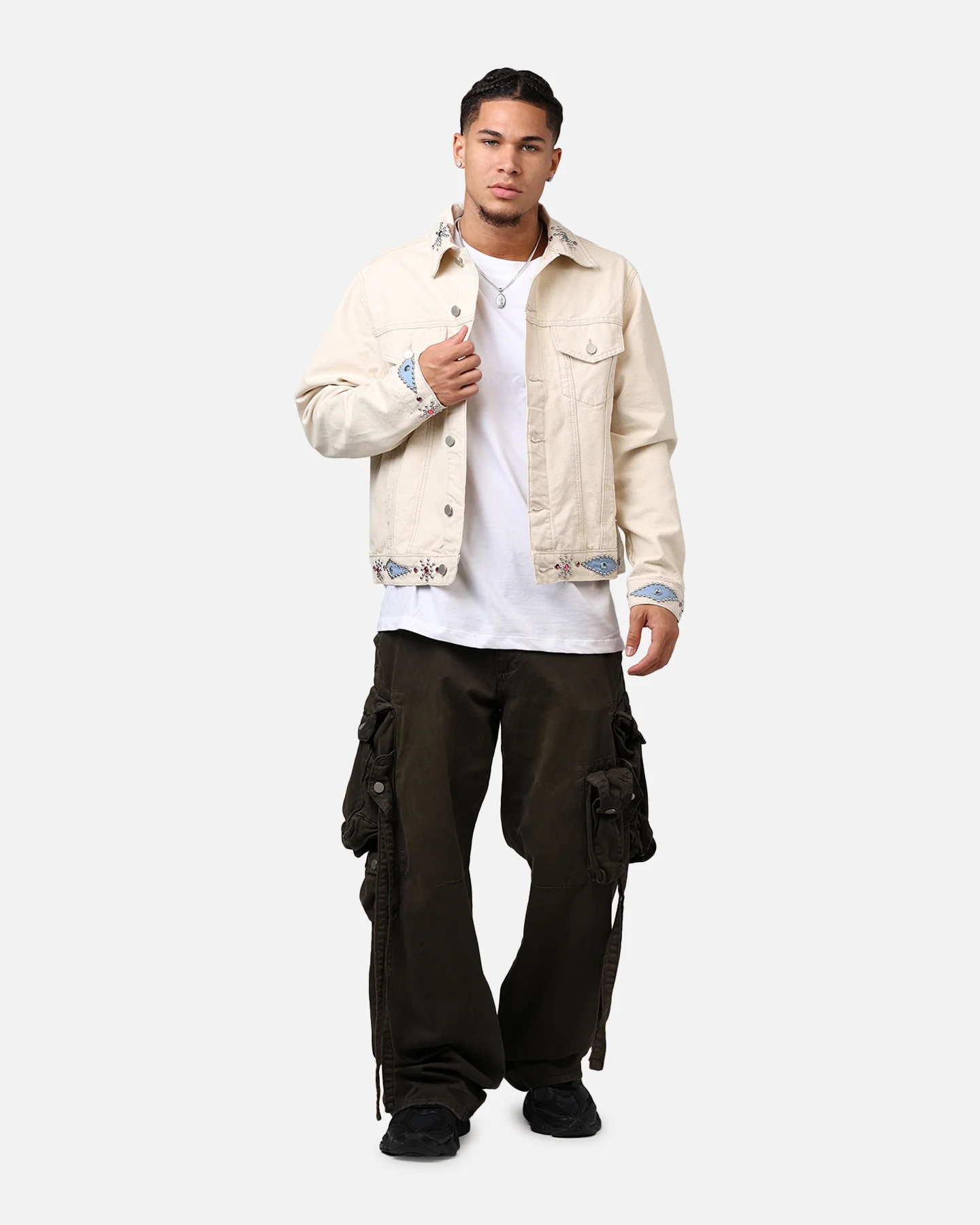 MNML Jewel Studded Trucker Jacket White - Image 3