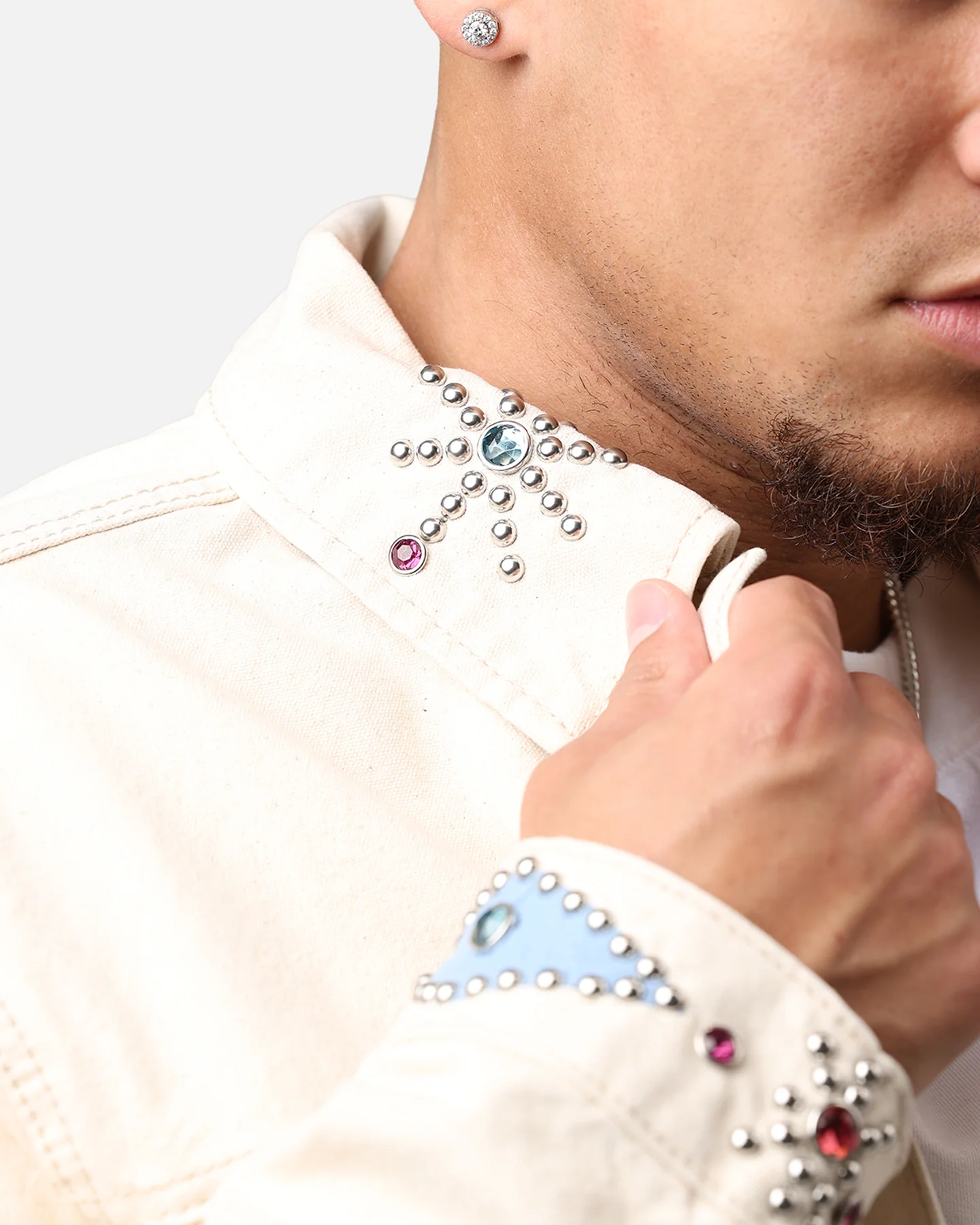 MNML Jewel Studded Trucker Jacket White - Image 7