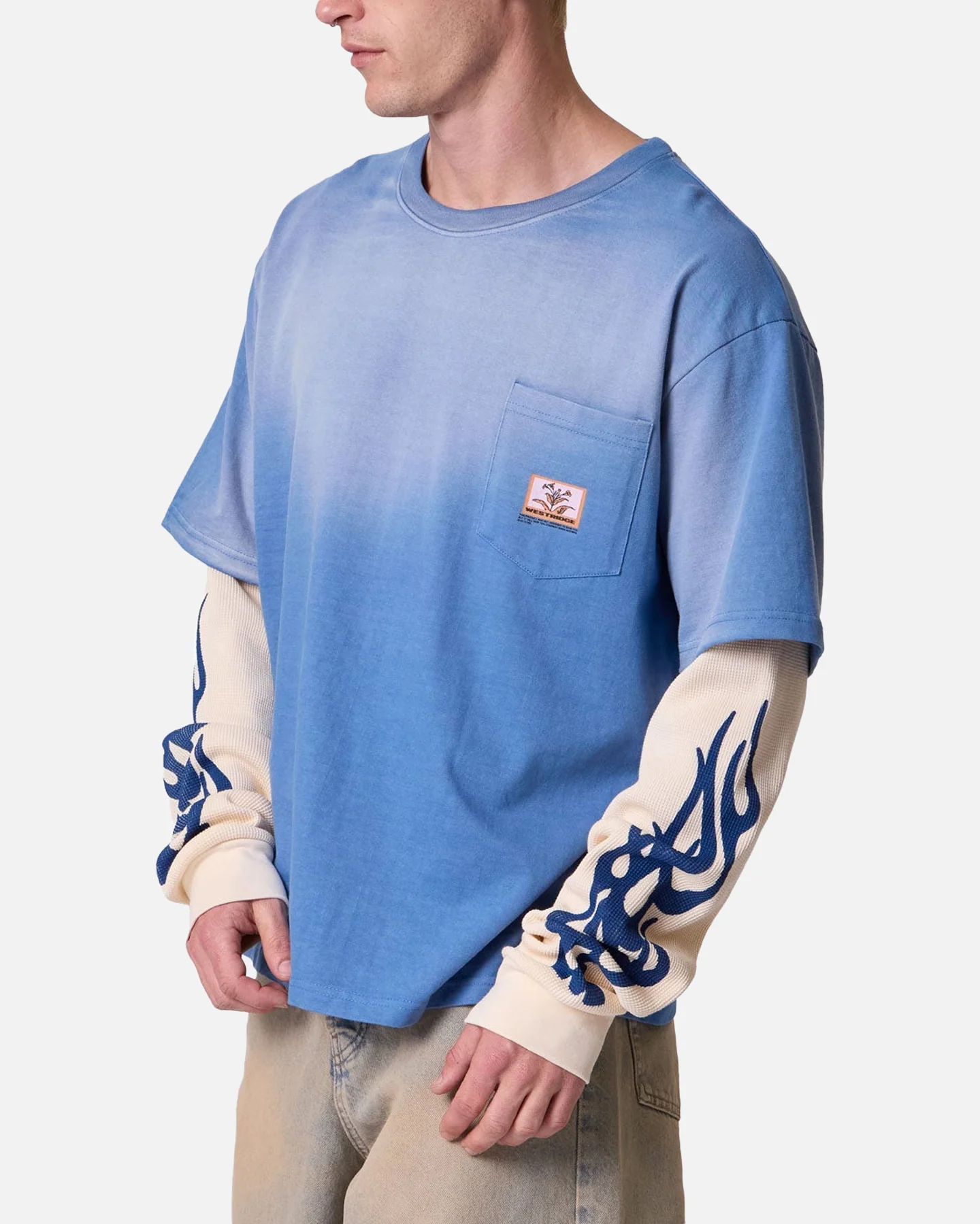 MNML Layered Flame Pocket Long Sleeve T-Shirt Washed Blue - Image 3