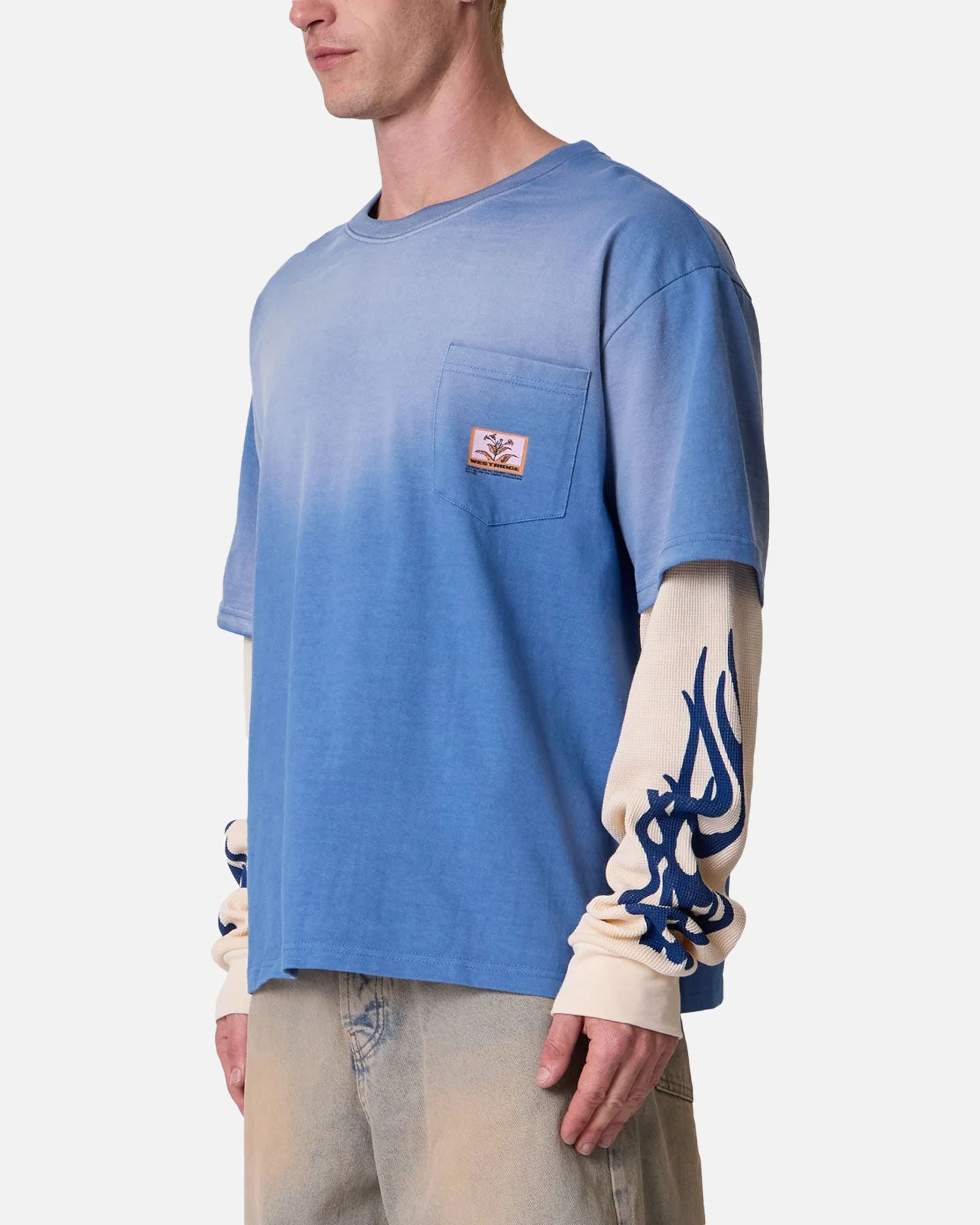MNML Layered Flame Pocket Long Sleeve T-Shirt Washed Blue - Image 4