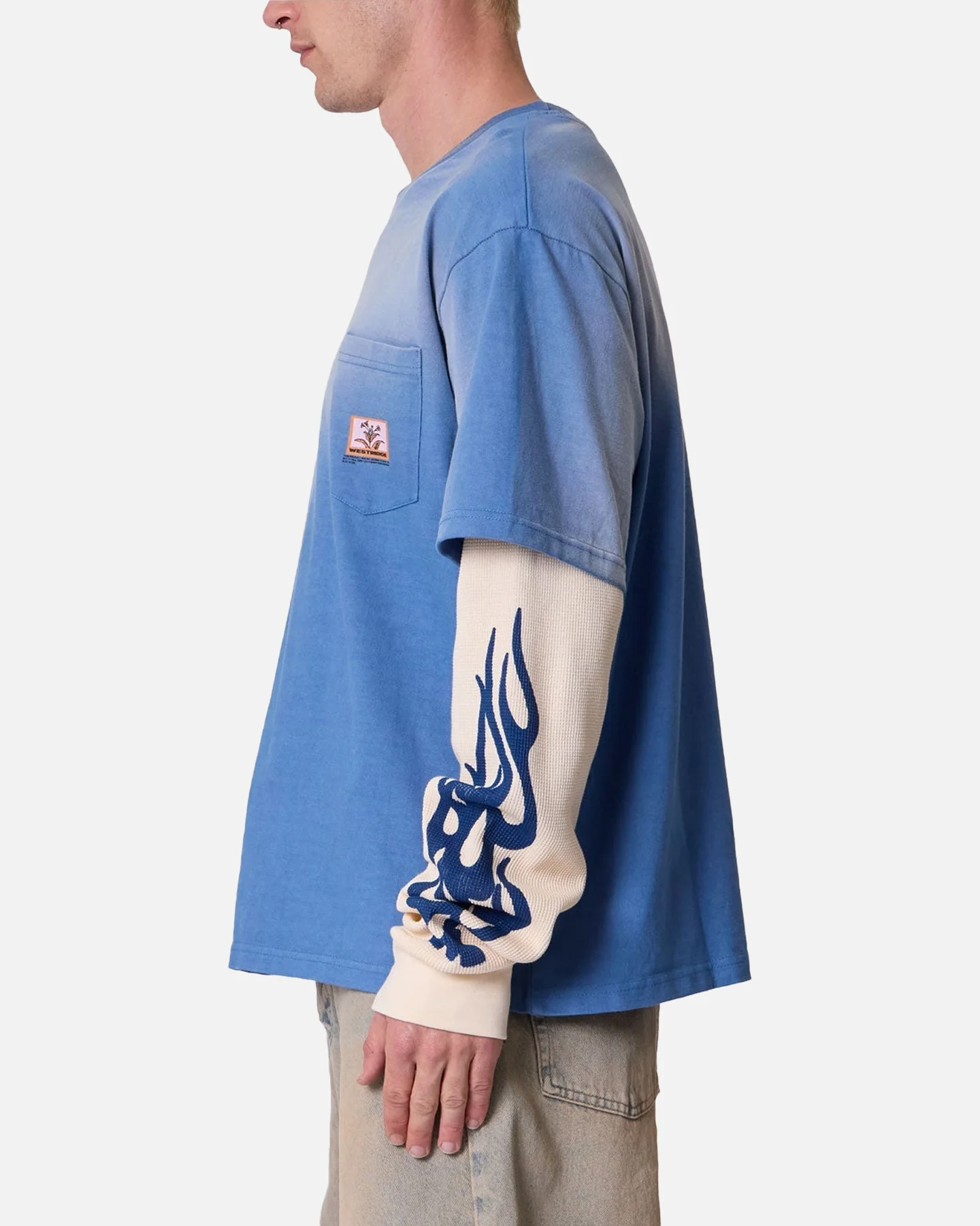 MNML Layered Flame Pocket Long Sleeve T-Shirt Washed Blue - Image 5