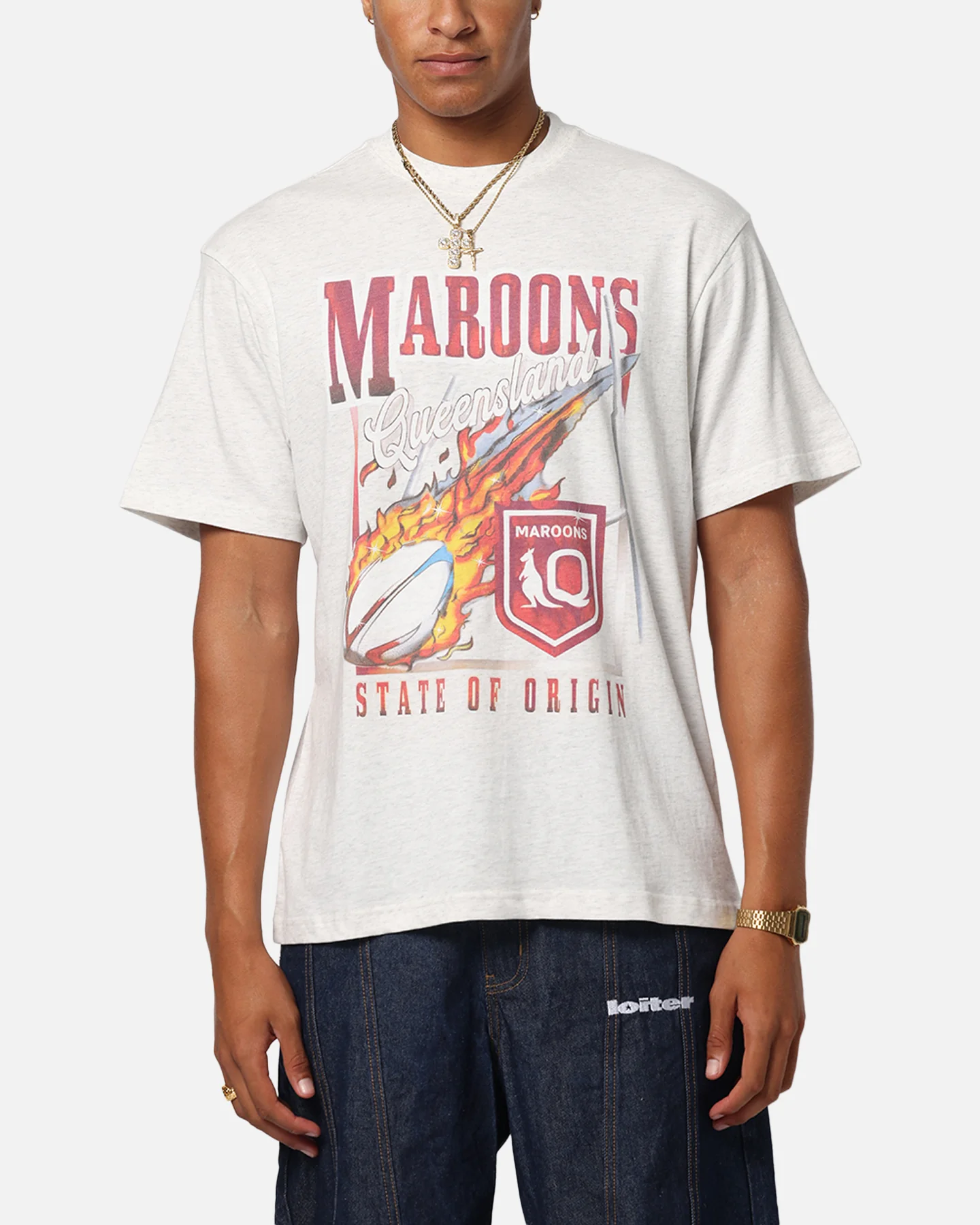 Queensland Ruby League Queensland Maroons Flaming Ball T-Shirt Silver Marle