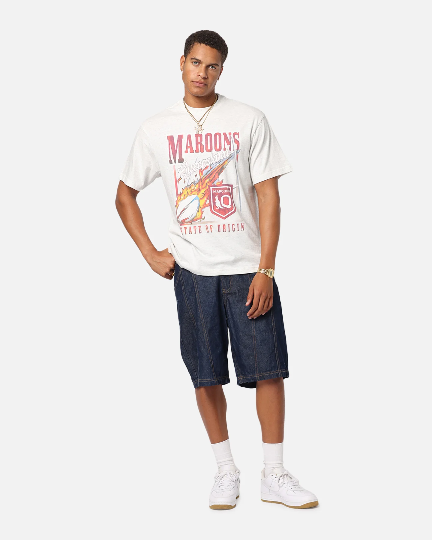 Queensland Ruby League Queensland Maroons Flaming Ball T-Shirt Silver Marle - Image 2