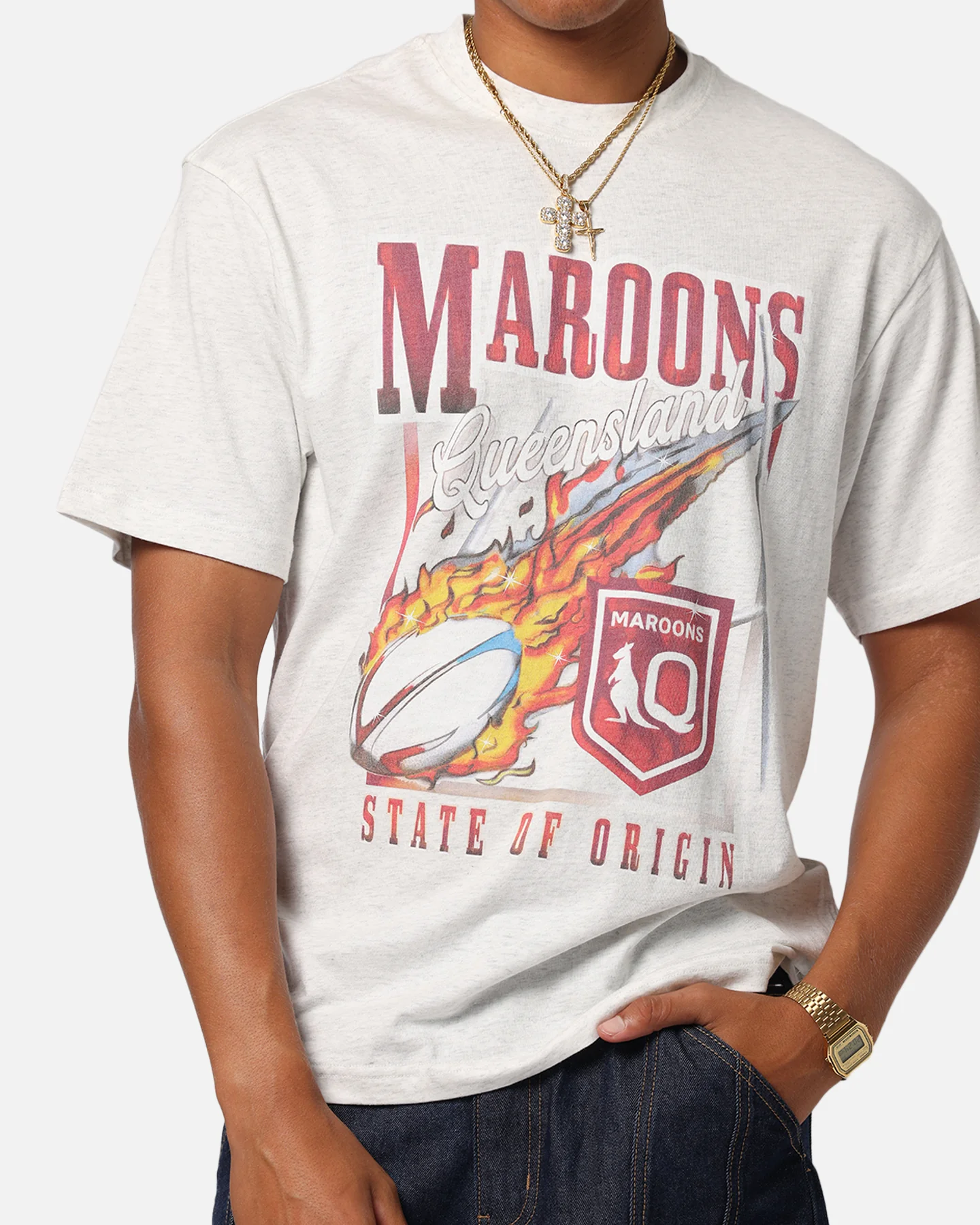 Queensland Ruby League Queensland Maroons Flaming Ball T-Shirt Silver Marle - Image 6