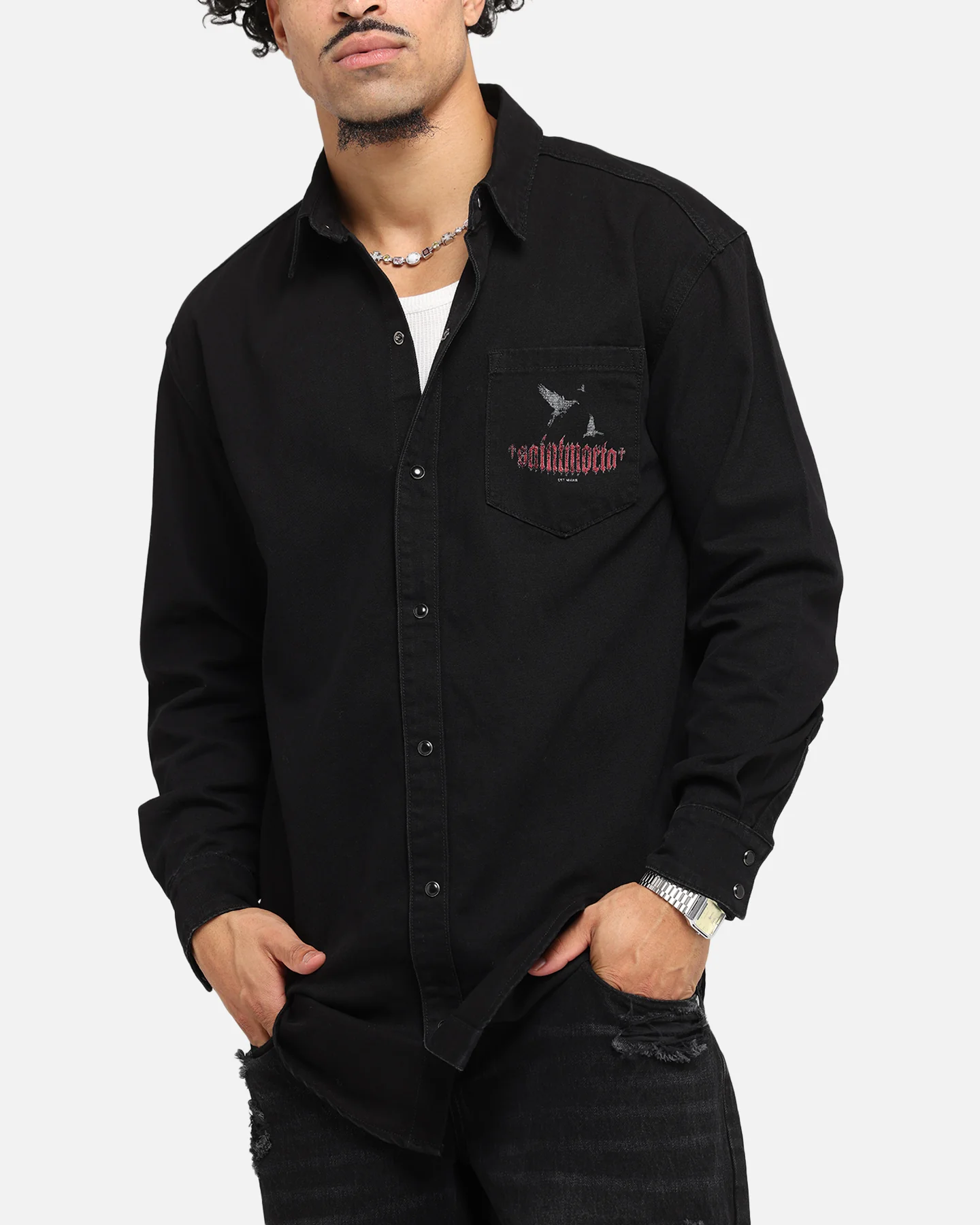 Saint Morta Amorafti Long Sleeve Denim Shirt Black Shadow - Image 7