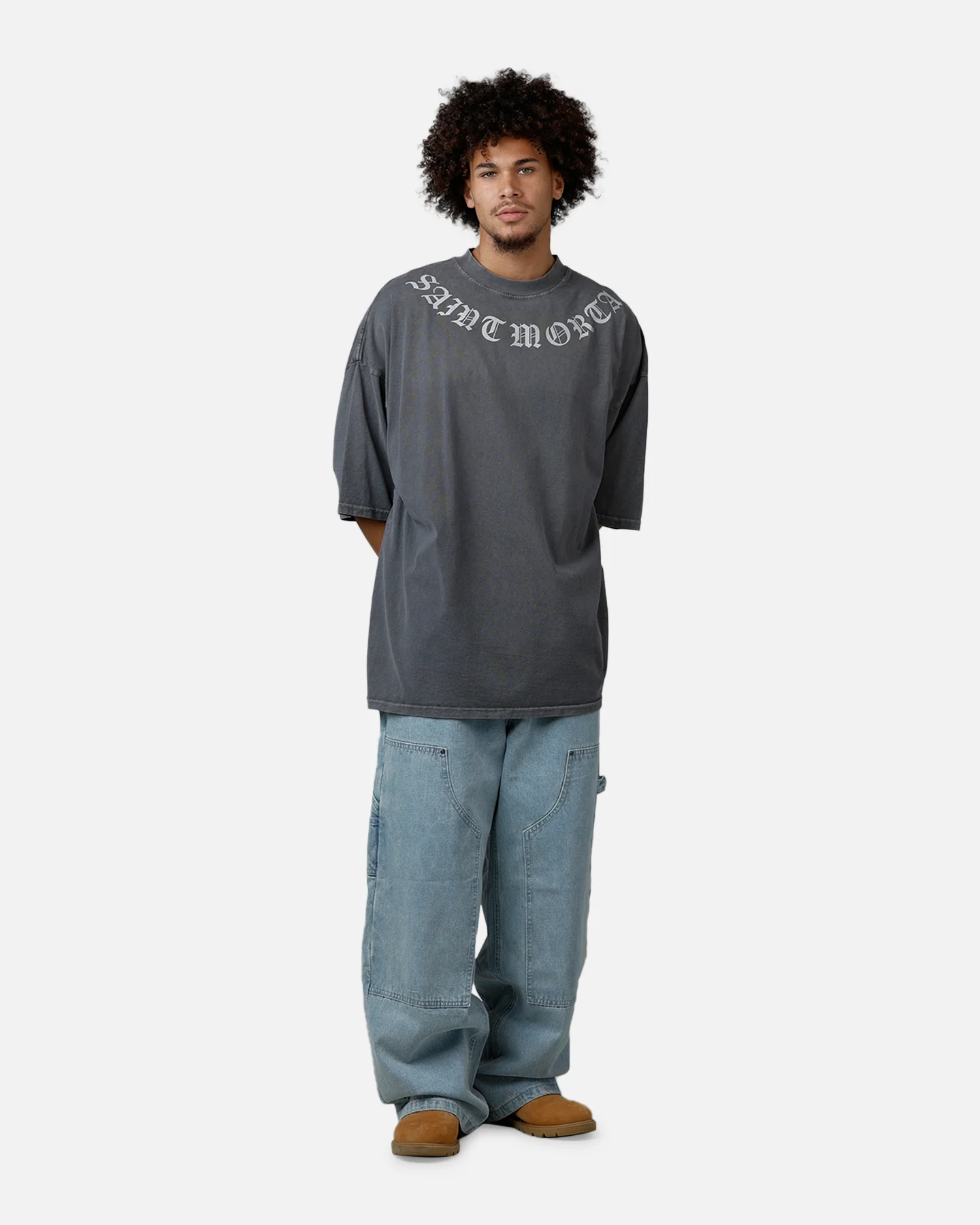 Saint Morta Barbaric Mock Neck T-Shirt Washed Charcoal - Image 3