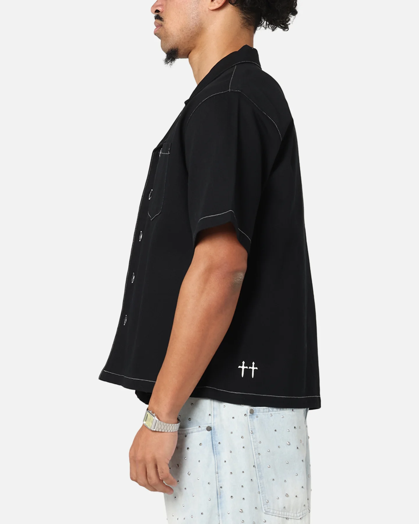 Saint Morta Fray Contrast Button Up Shirt Contrast Black - Image 5