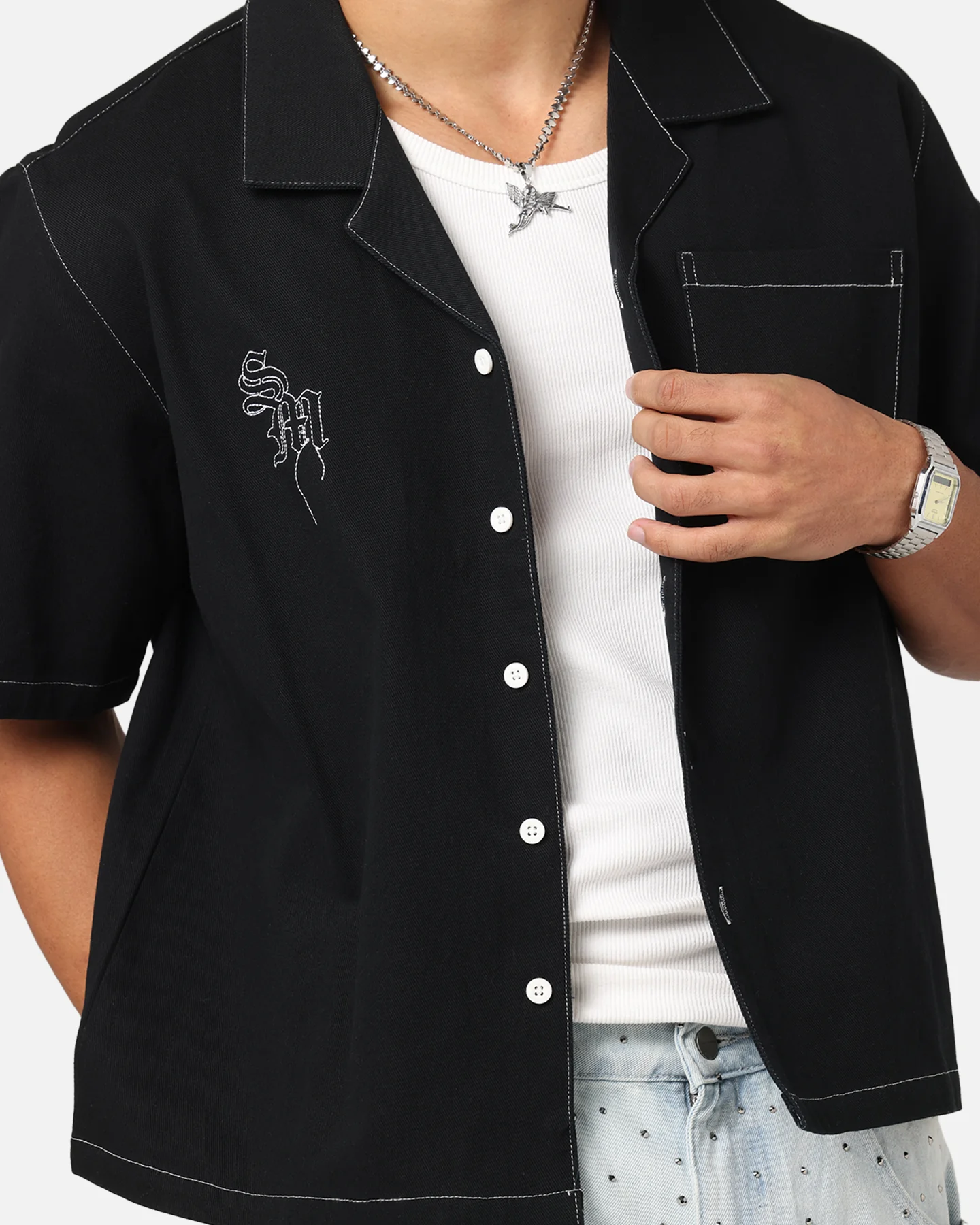 Saint Morta Fray Contrast Button Up Shirt Contrast Black - Image 6
