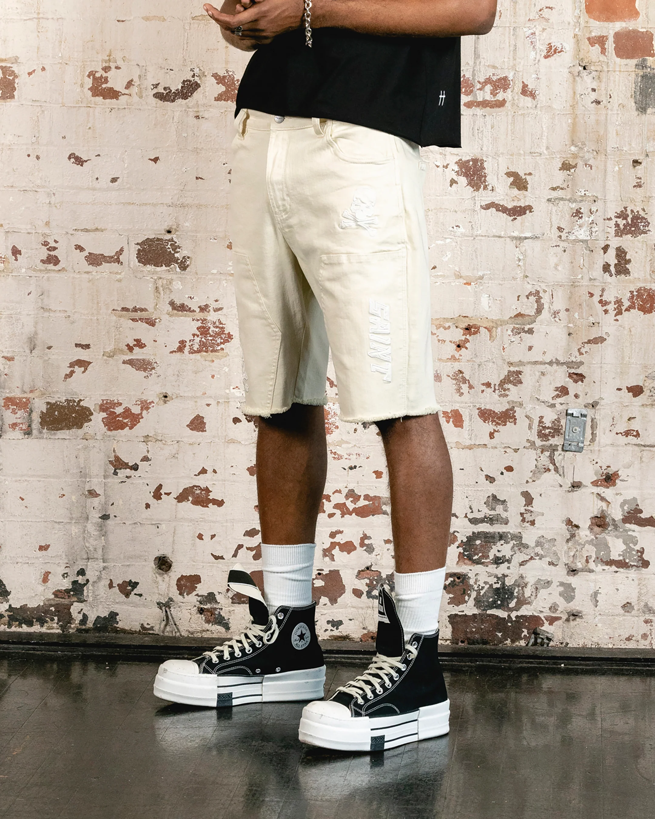 Saint Morta Skull And Bones Denim Shorts Off White - Image 7