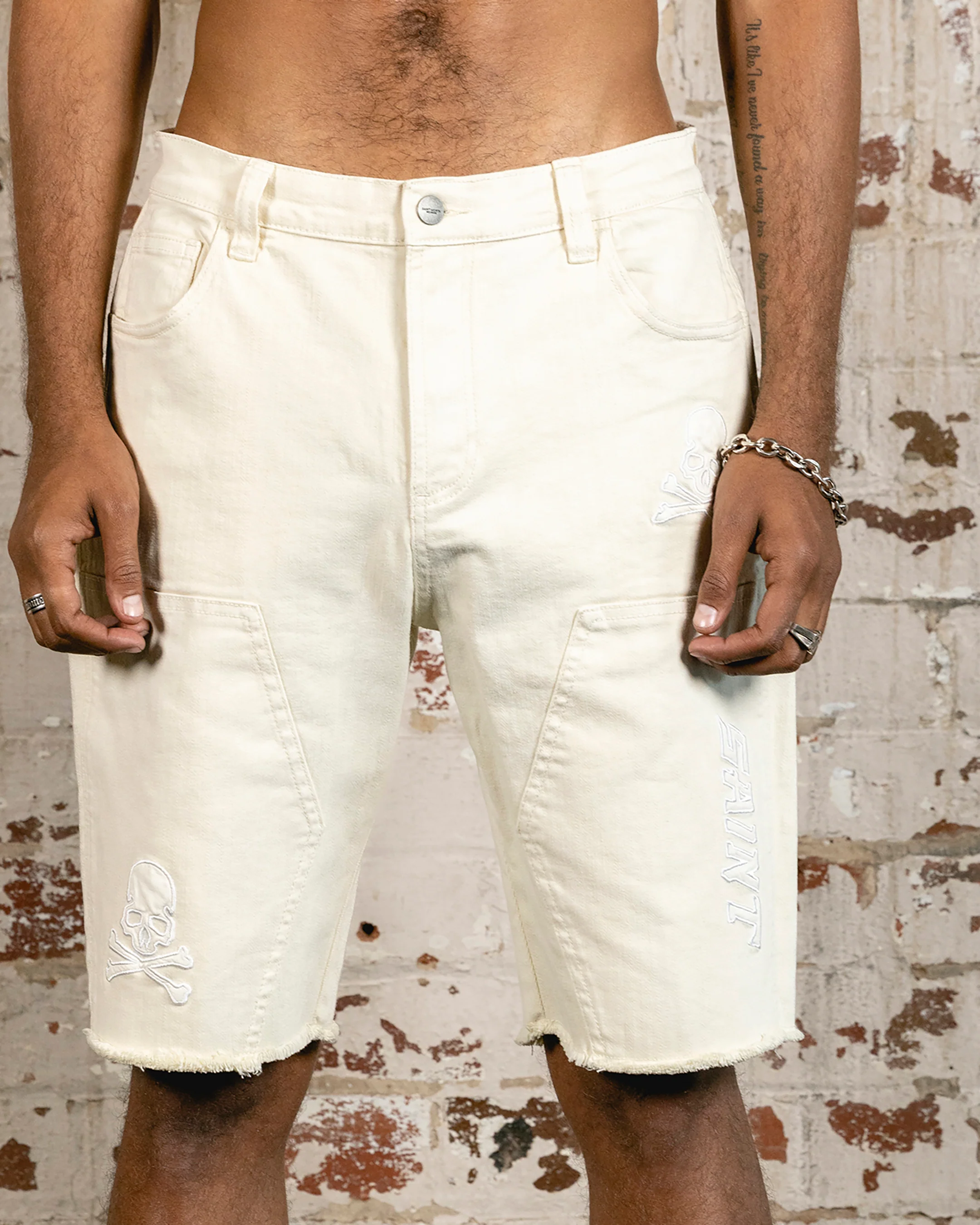 Saint Morta Skull And Bones Denim Shorts Off White - Image 8