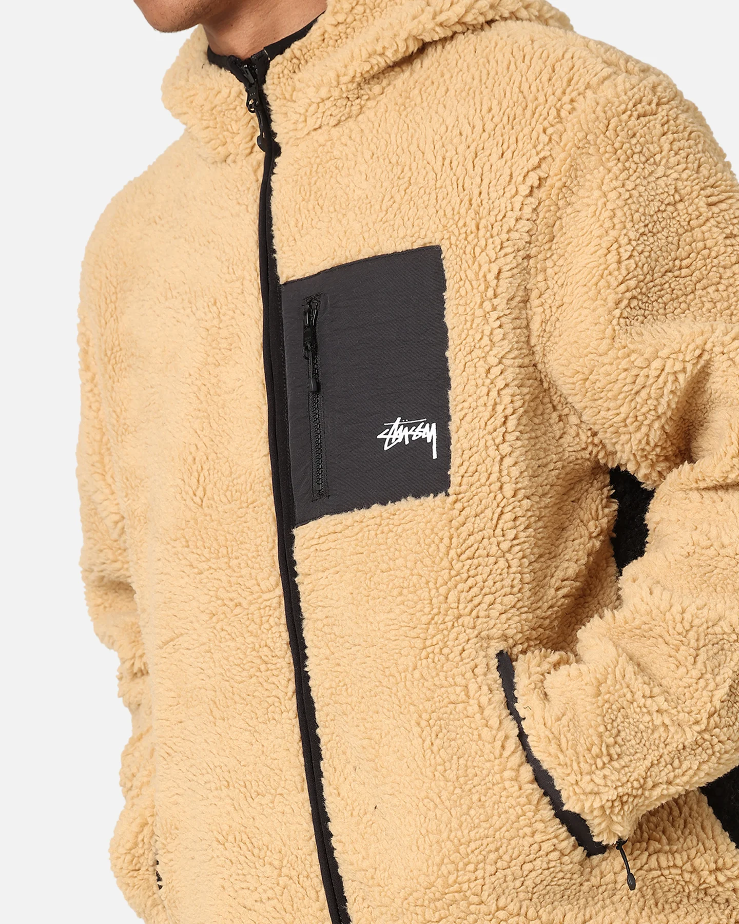 Stüssy 8 Ball Sherpa Reversible Hoodie Tan - Image 10