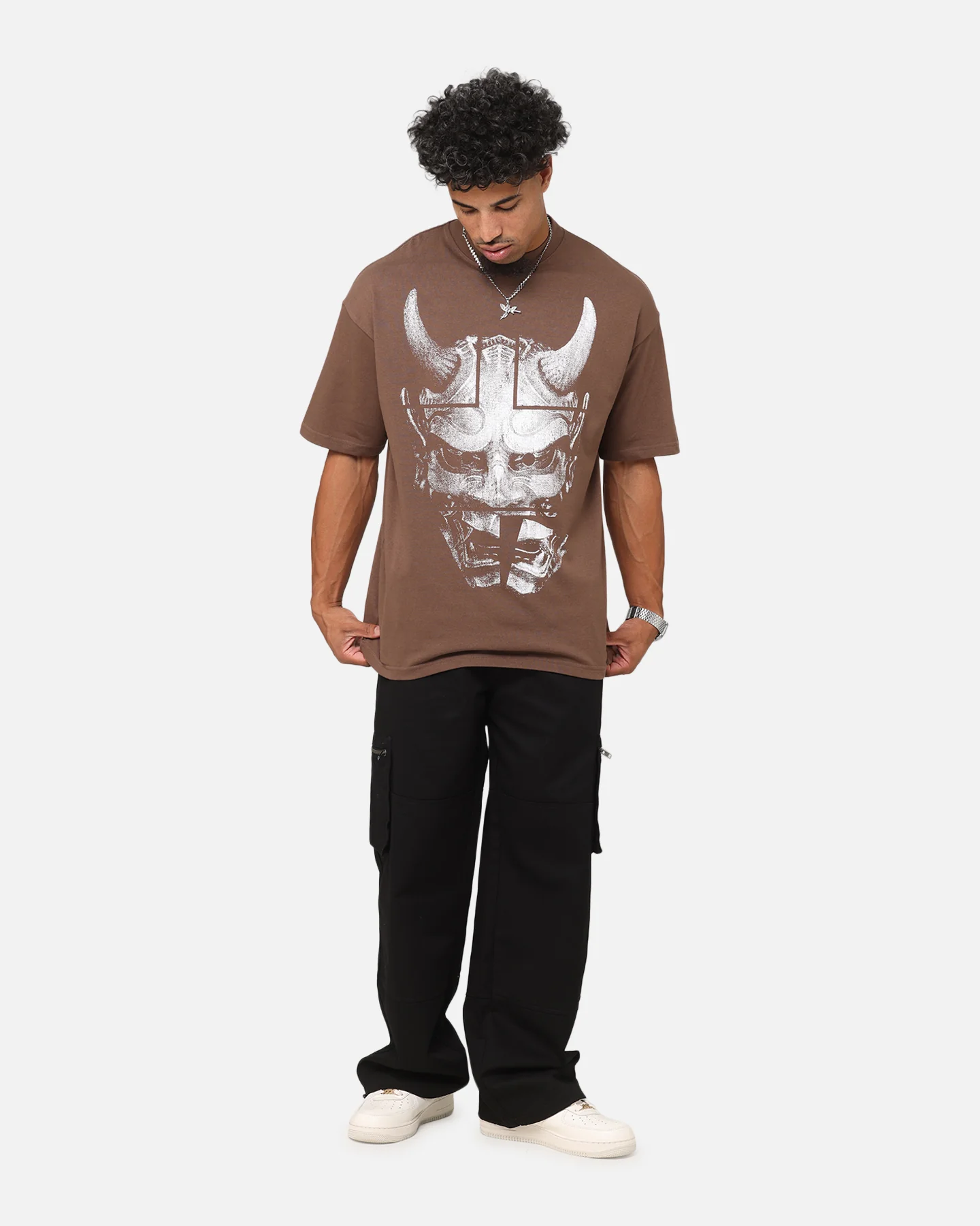 The Anti Order Oni Mask Mock Neck T-Shirt Brown - Image 3