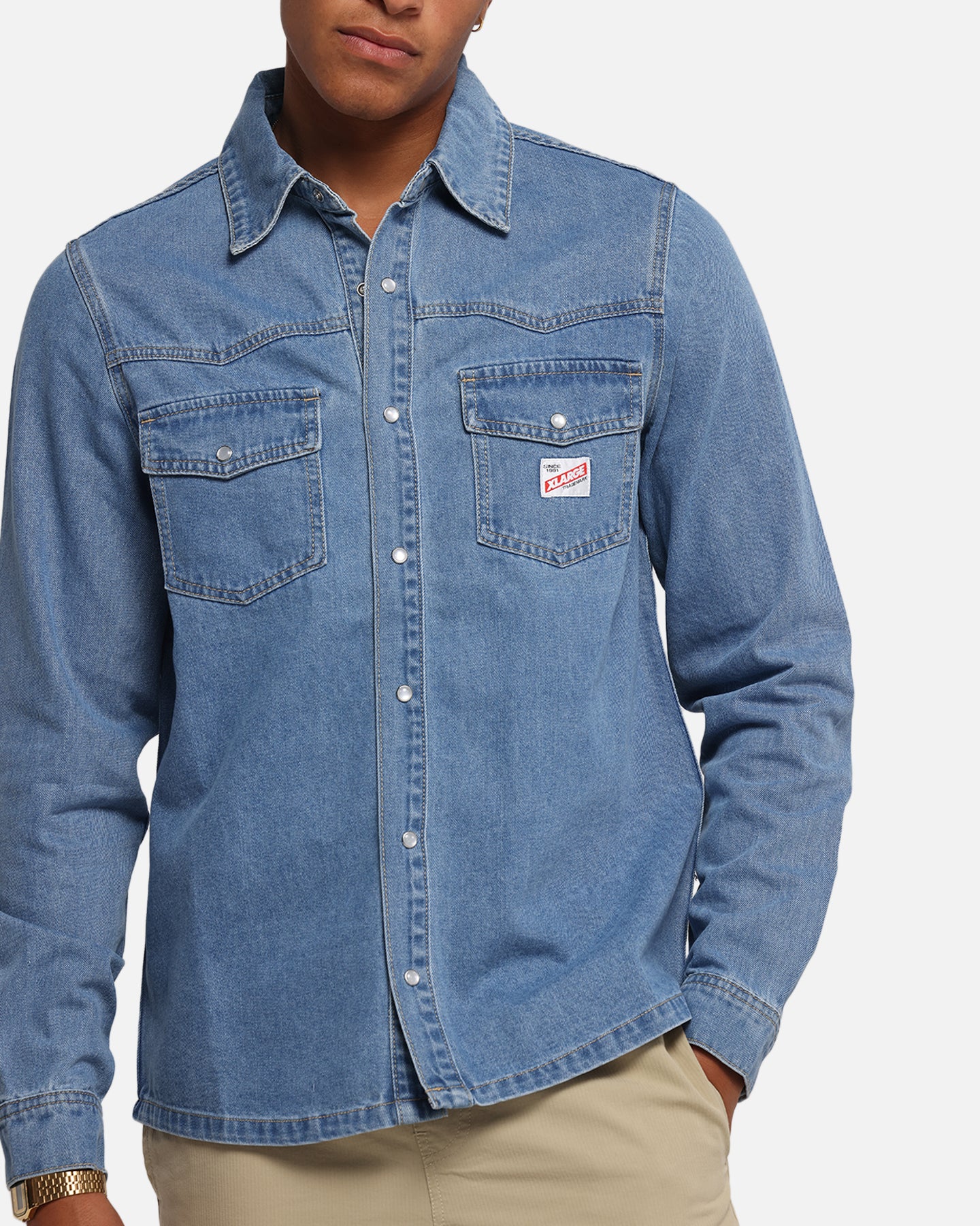 X-Large Denim Western Long Sleeve Shirt Mid Blue - Image 6