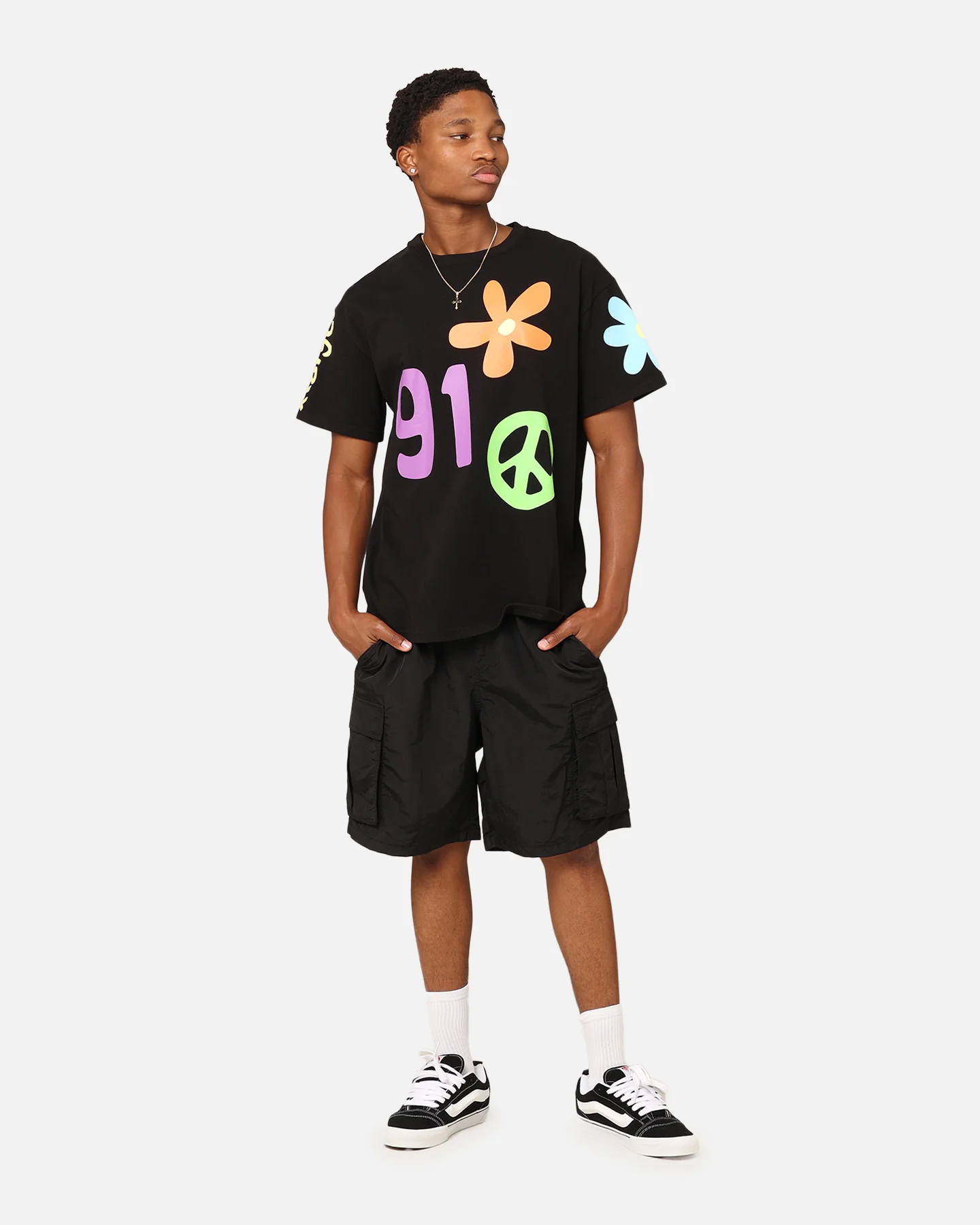 X-Large Flower And Peace T-Shirt Black - Image 3