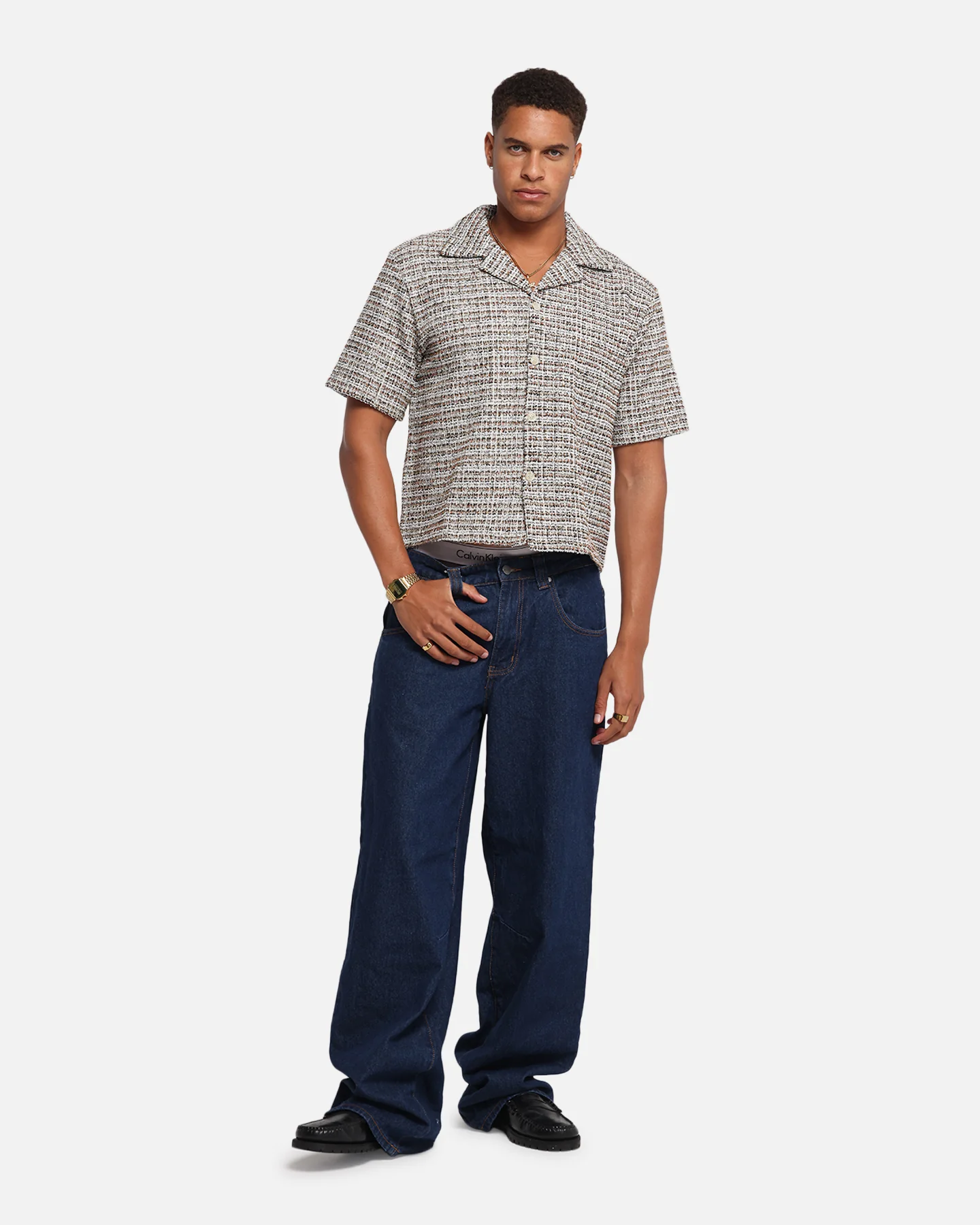 XXIII Boucle Tweed Crop Button Up Shirt Cream/Brown - Image 2